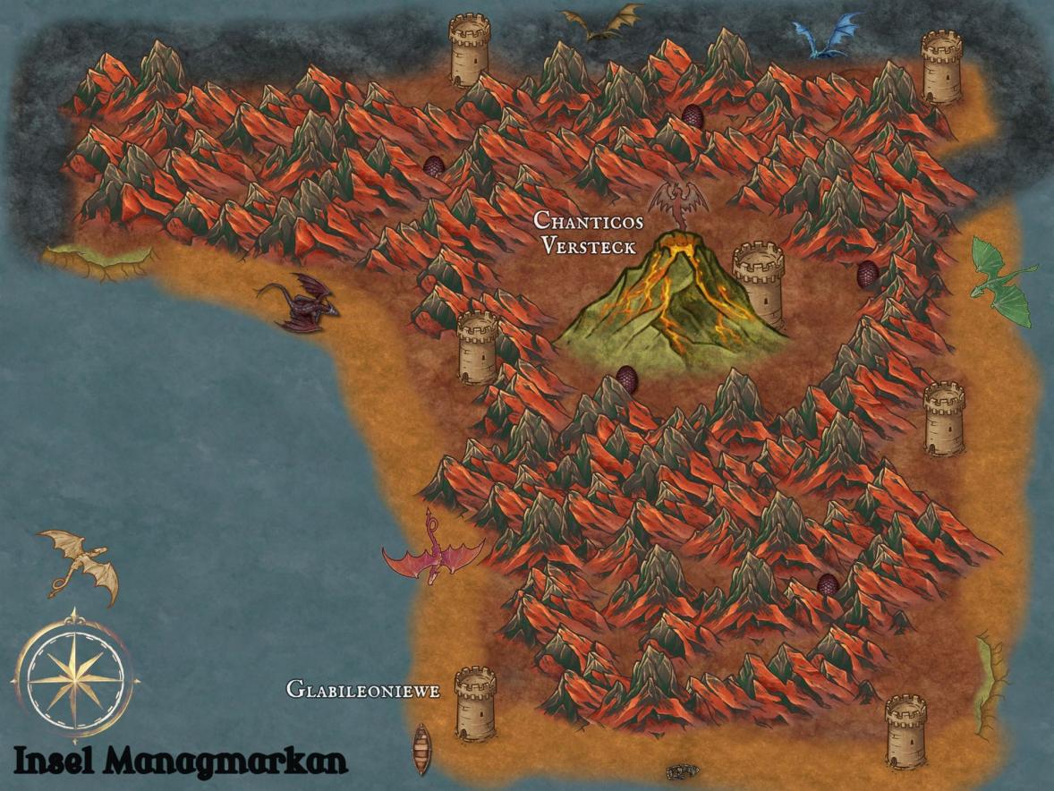 Eine Karte der Dracheninsel Managmarkan mit einem großen Vulkan in ihrem Zentrum und mit sieben Türmen.