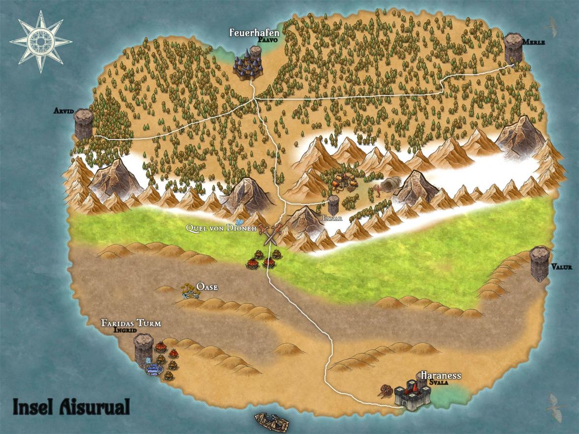 Die Karte von Aisurual, eine sehr große Insel mit einem großen Gebirge, das diese in der Mitte durchläuft. Sieben Türme mit Namen sind sternförmig auf der Insel verteilt.