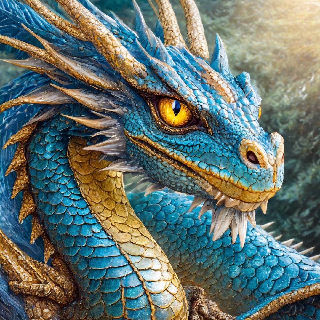 Ein azur farbener älterer Drache mit goldenen Augen und ernstem Blick