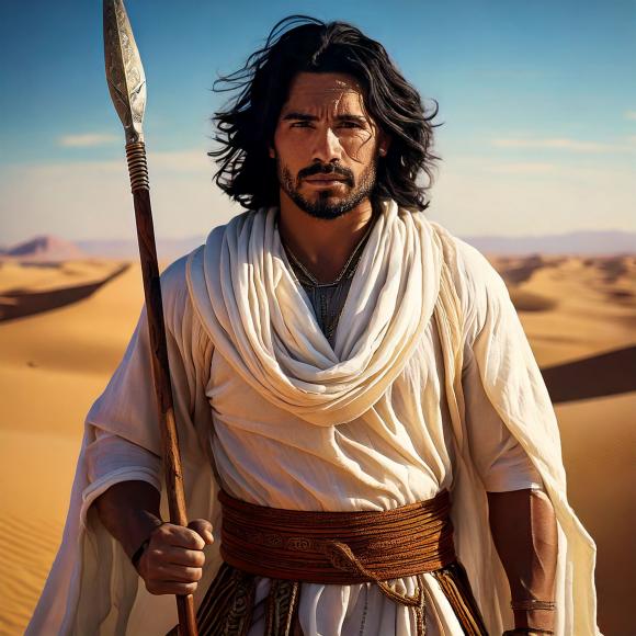 Ein arabisch aussehender Krieger in einem weißen Gewand in der Wüste, mit schwarzen Haaren und mit einem Speer bewaffnet