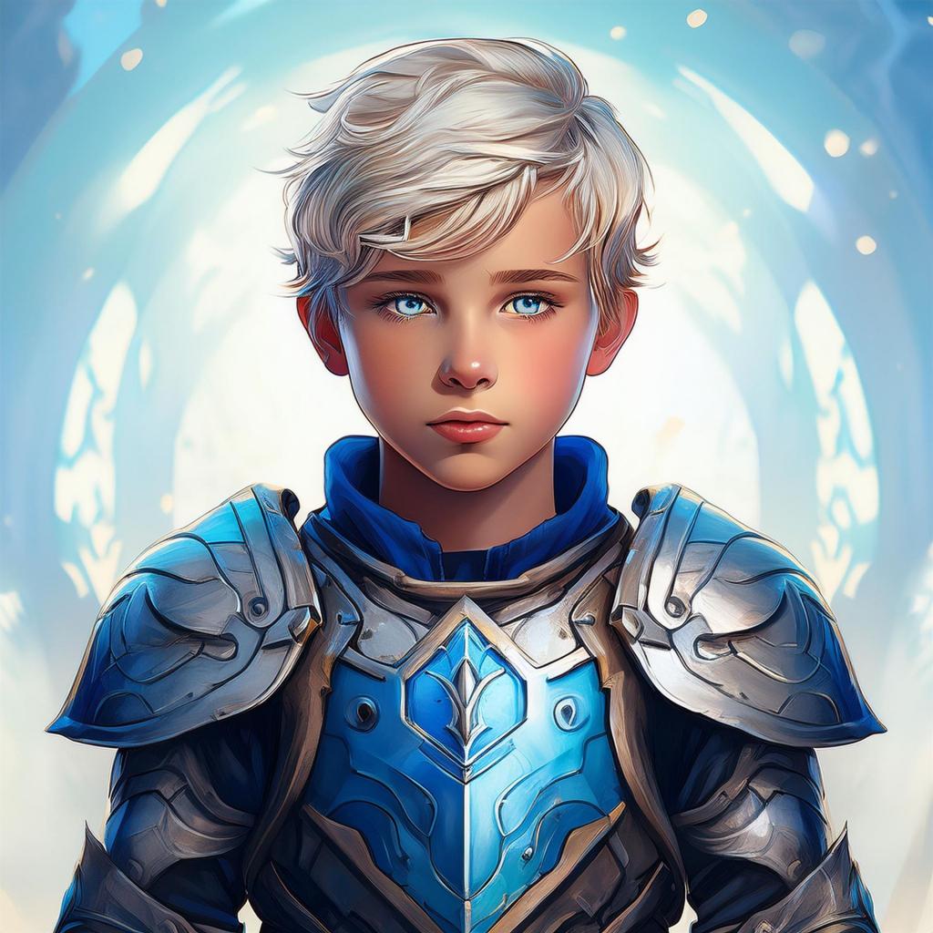 Das Bild zeigt einen blonden Jungen in einer blau silbernen Rüstung. Es ist Dargardur.
