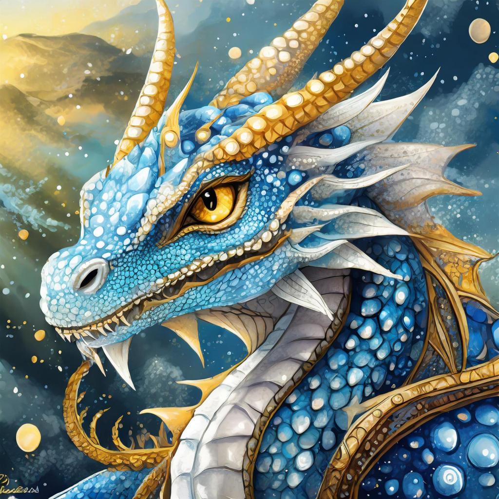 Ein weiblicher Drache mit einer mehrheitlich hellblauen Färbung und weißen Punkten. Ihr Kopf ist von mehreren langen glatten Hörnern bedeckt. Es ist Dioneh.
