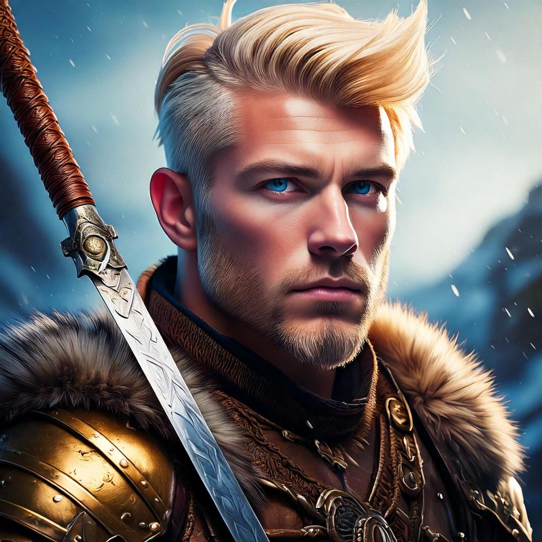 Ein Foto des gut aussehenden Kriegers Sarolf mit seinen kurzen blonden Haaren in einer Rüstung mit einem Katana ähnlichen Schwert auf der Schulter