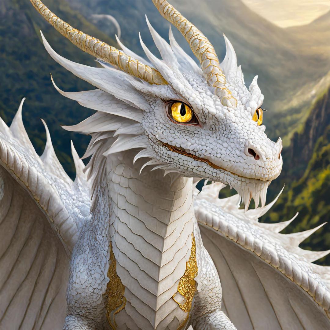 Bild des weißen Drachen Theamala. Sie schaut mürrisch aus ihren goldenen Augen und hat die Flügel ausgebreitet.
