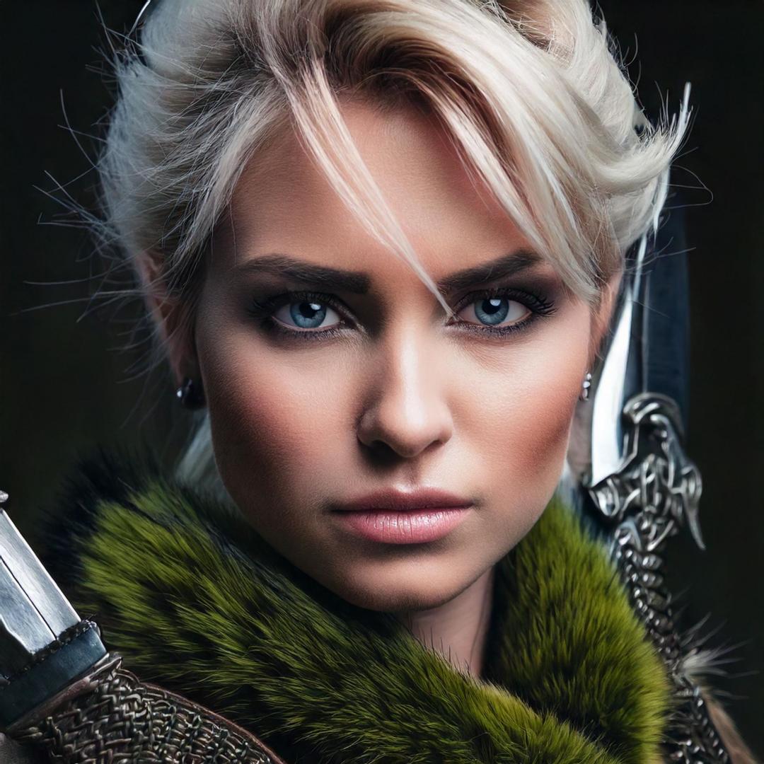 Ein Foto von Tyra mit ihren kurzen blonden Haaren und ihrem grünen Pelzbesatz an ihrer Rüstung.